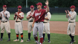 Mike King wearing Boston College Pete Frates baseball uniform